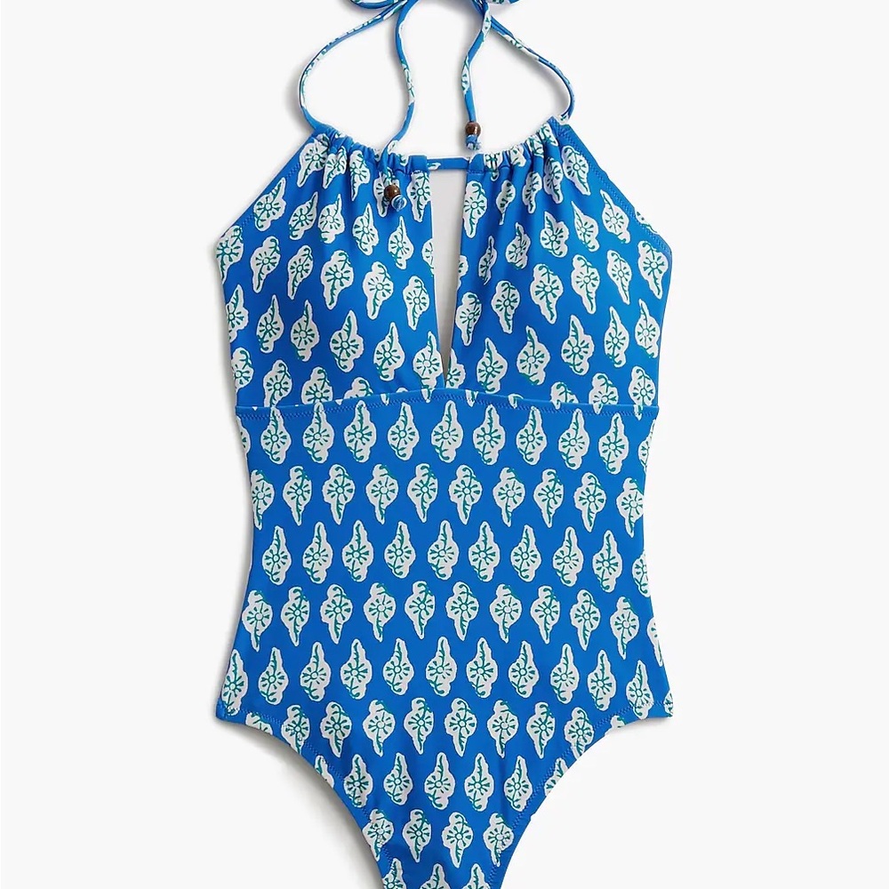 J. Crew Factory Blue Printed halter one piece swimsuit- Size M NWT
